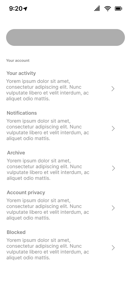 Lowfi wireframe — settings screen