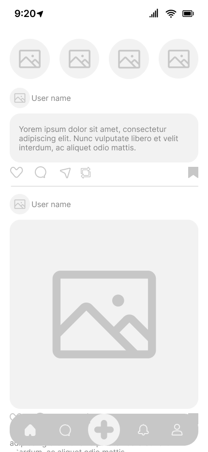 Lowfi wireframe — home feed