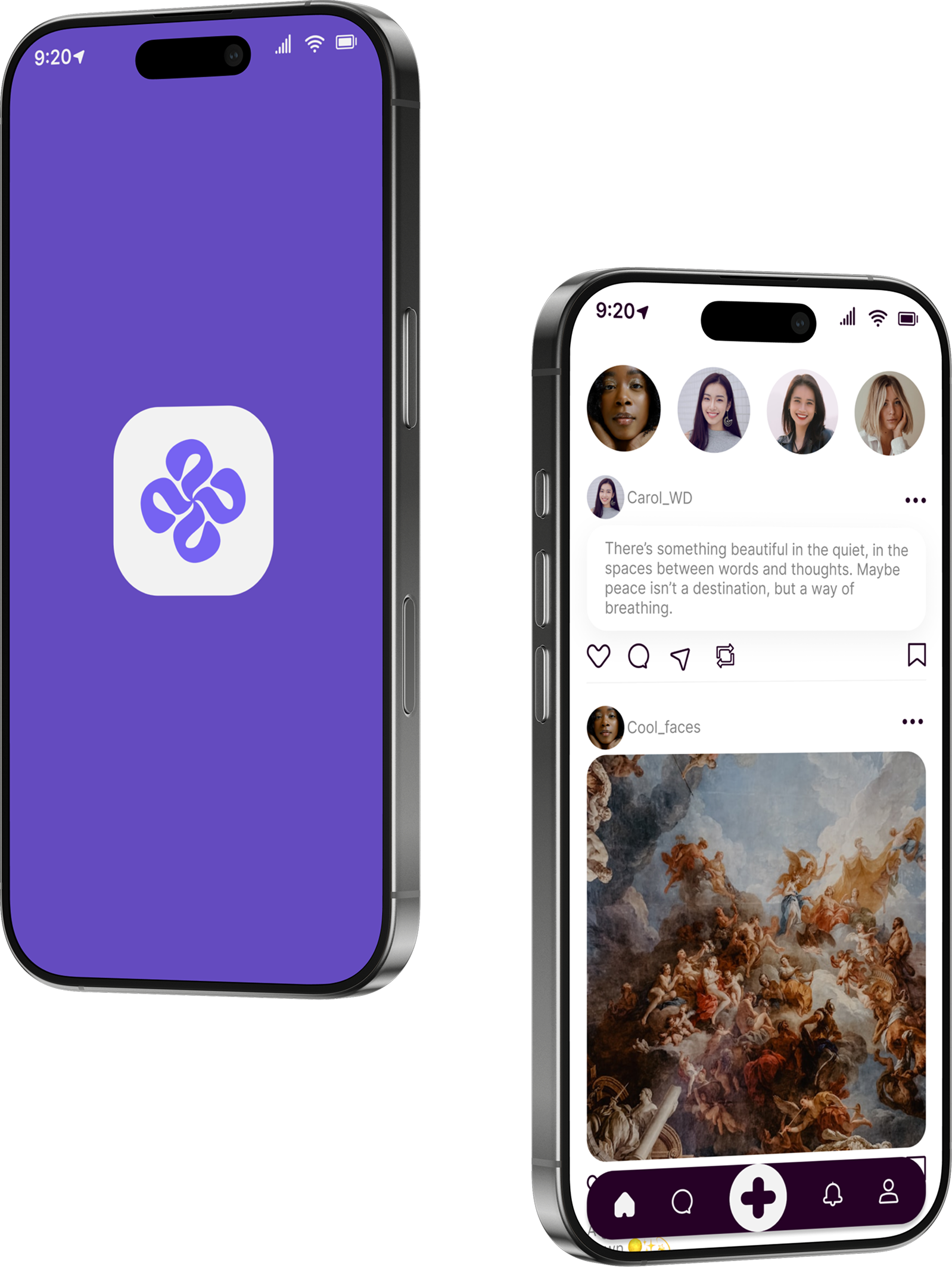 Social Club splash and home feed mockup