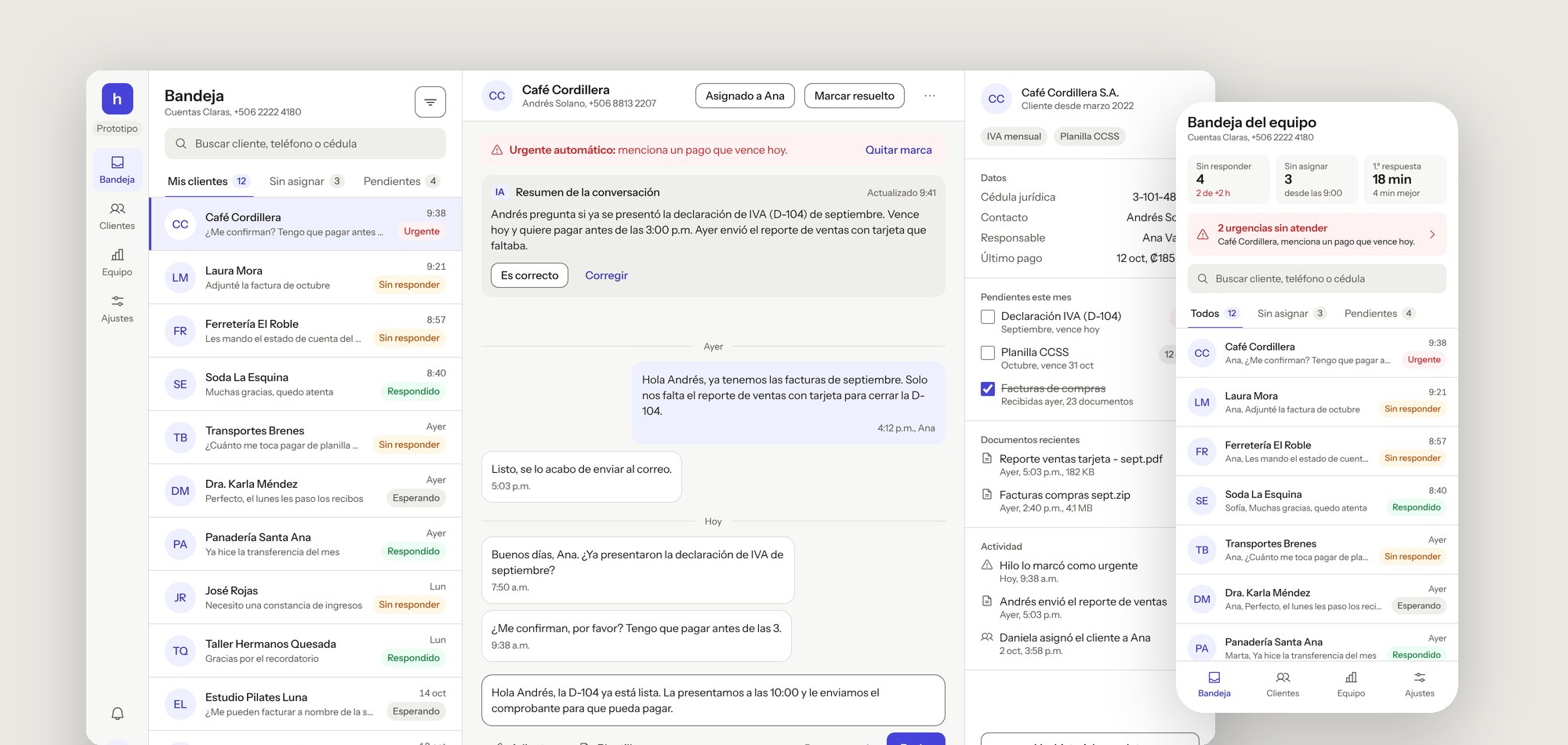 Hilo on desktop, with the inbox, an open conversation and the client panel, and the owner’s mobile inbox beside it