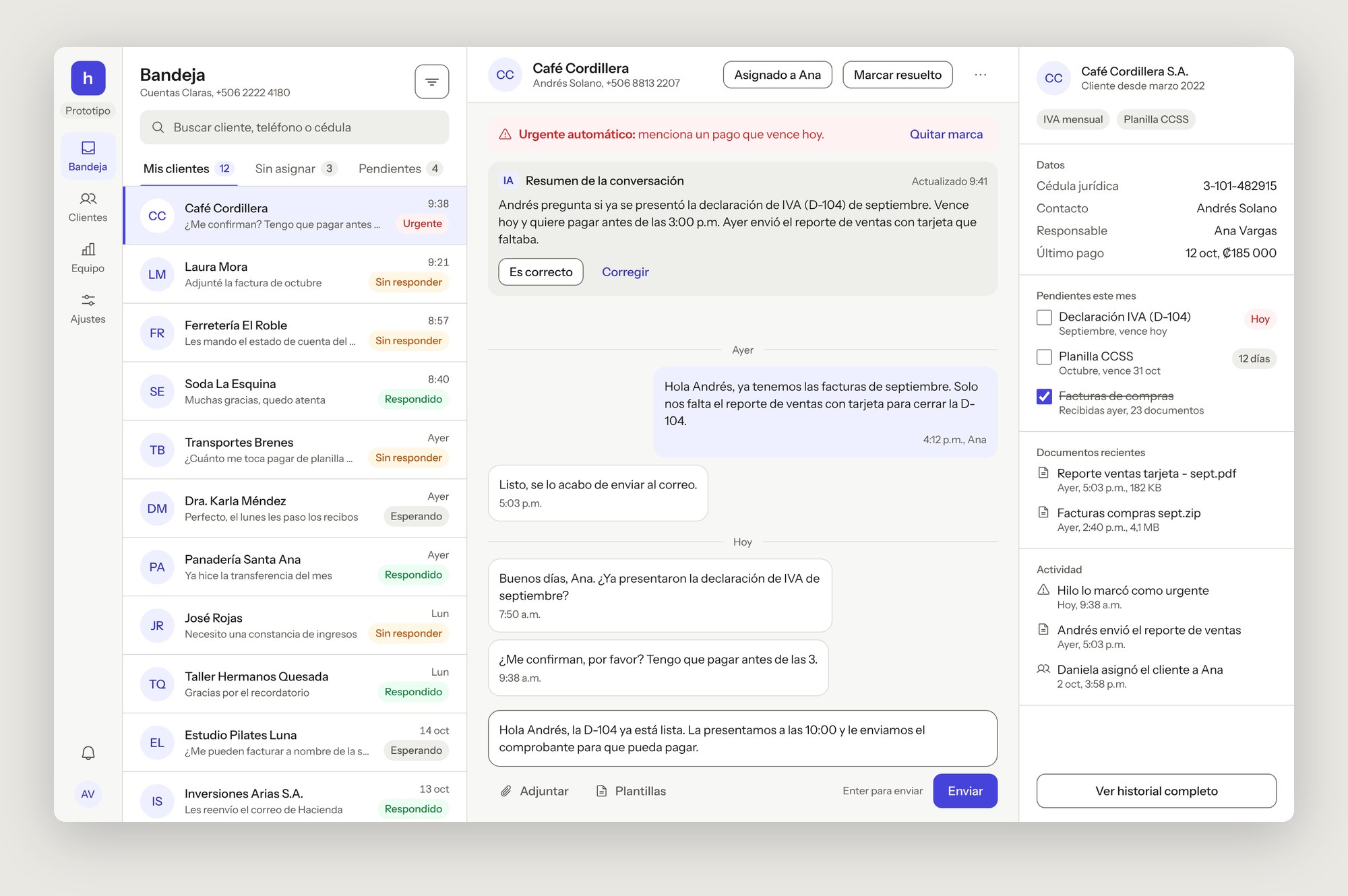 Hilo inbox: list of client chats with status chips, the open conversation with an automatic urgent notice and an AI summary, and the client panel with pending tax filings