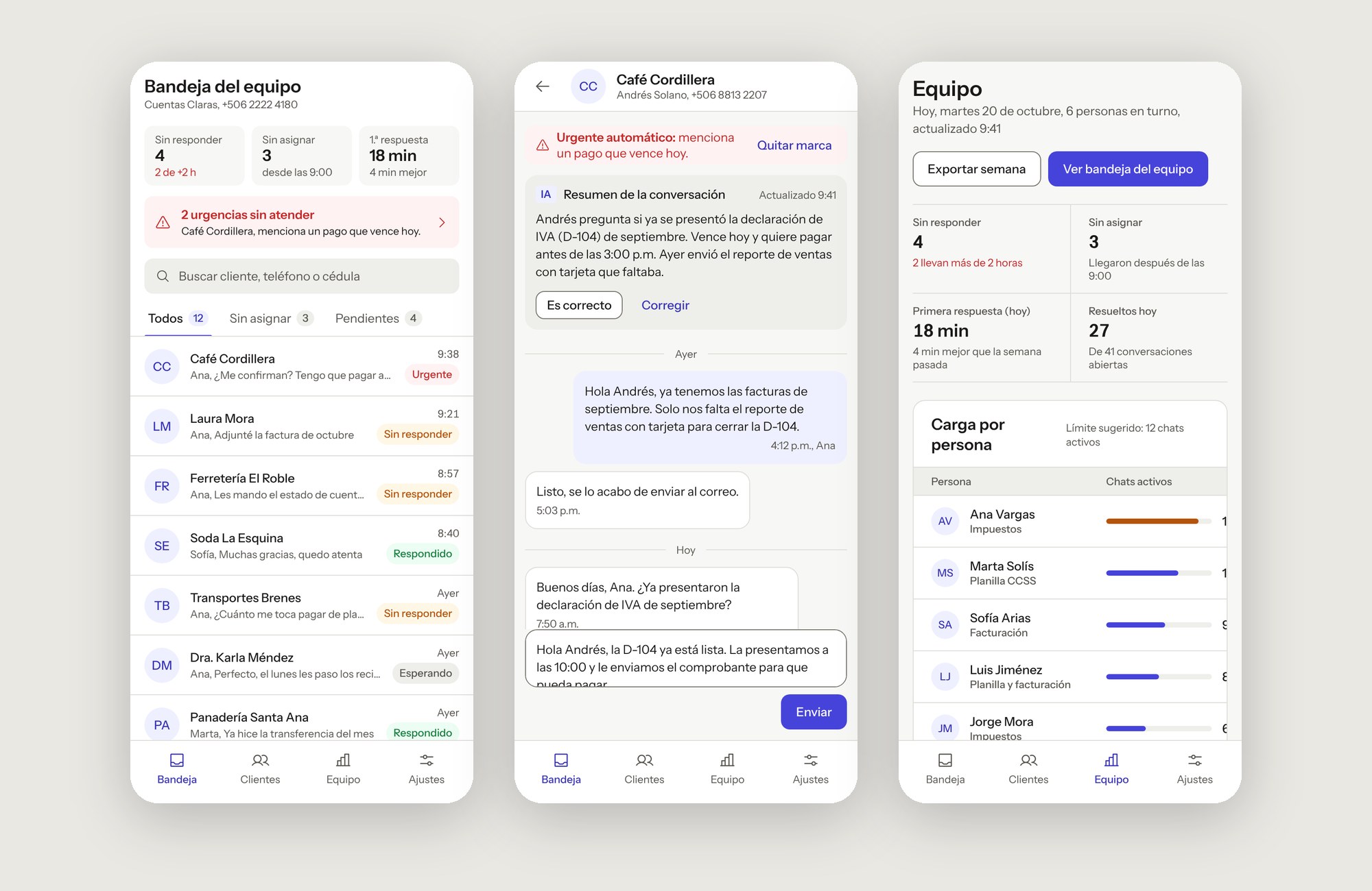 Three mobile screens: the owner’s inbox with three key numbers and an urgent banner, an open conversation, and the team view