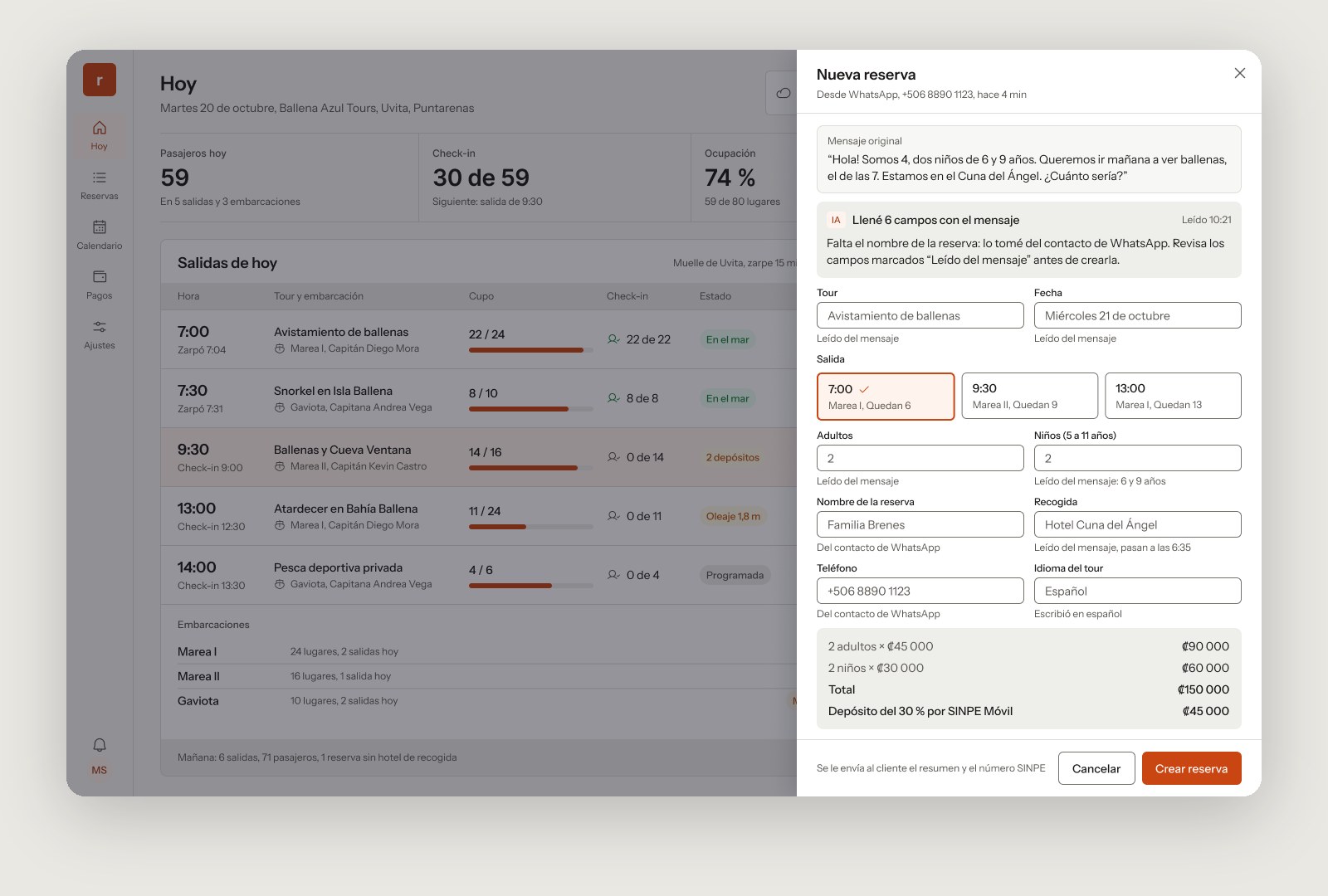 New booking side panel: the client’s original WhatsApp message, an AI card saying it filled six fields, the form with each AI-filled field labeled, departure options with seats left and the price with a 30% deposit