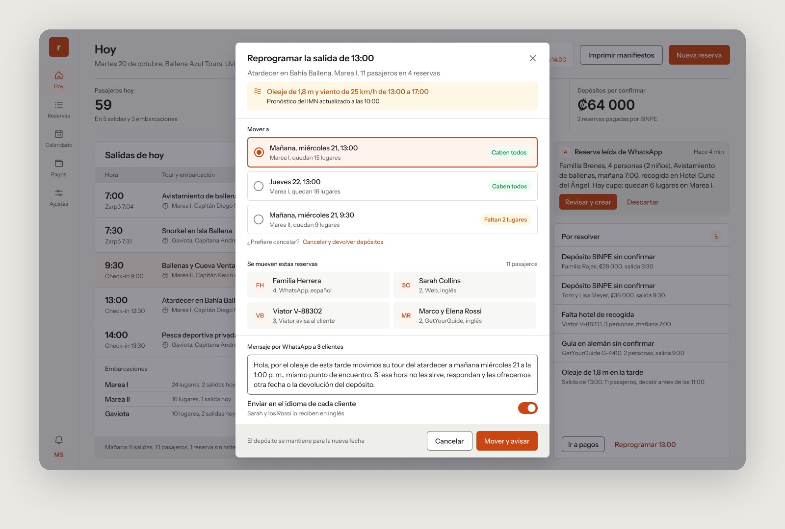 Reschedule dialog for the 13:00 departure: a swell warning from the national forecast, three new departure options showing whether everyone fits, the four bookings that move and the message to send