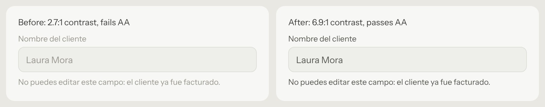 Before and after: the disabled field's helper text goes from a pale 2.7 to 1 contrast to a readable 6.9 to 1