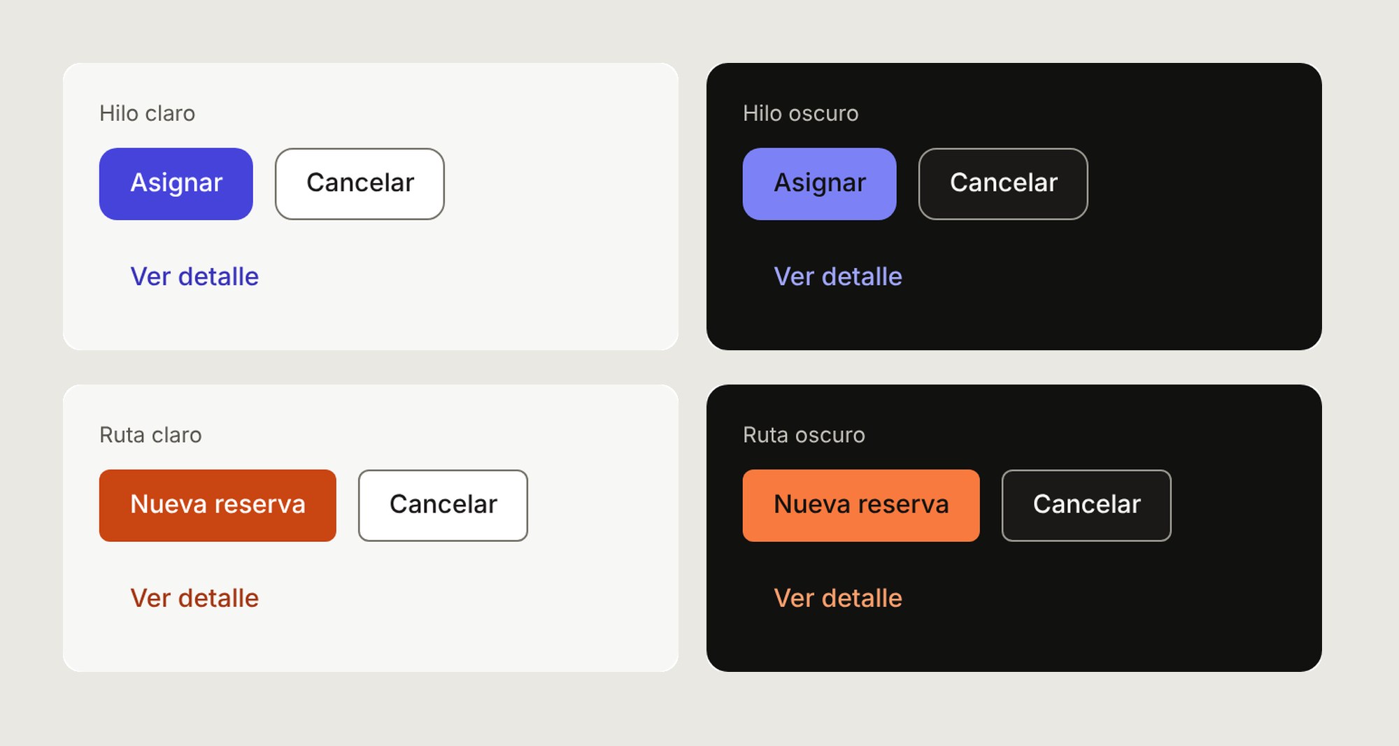 The button in primary, secondary and ghost styles, sizes S, M and L, plus disabled, shown in the four themes