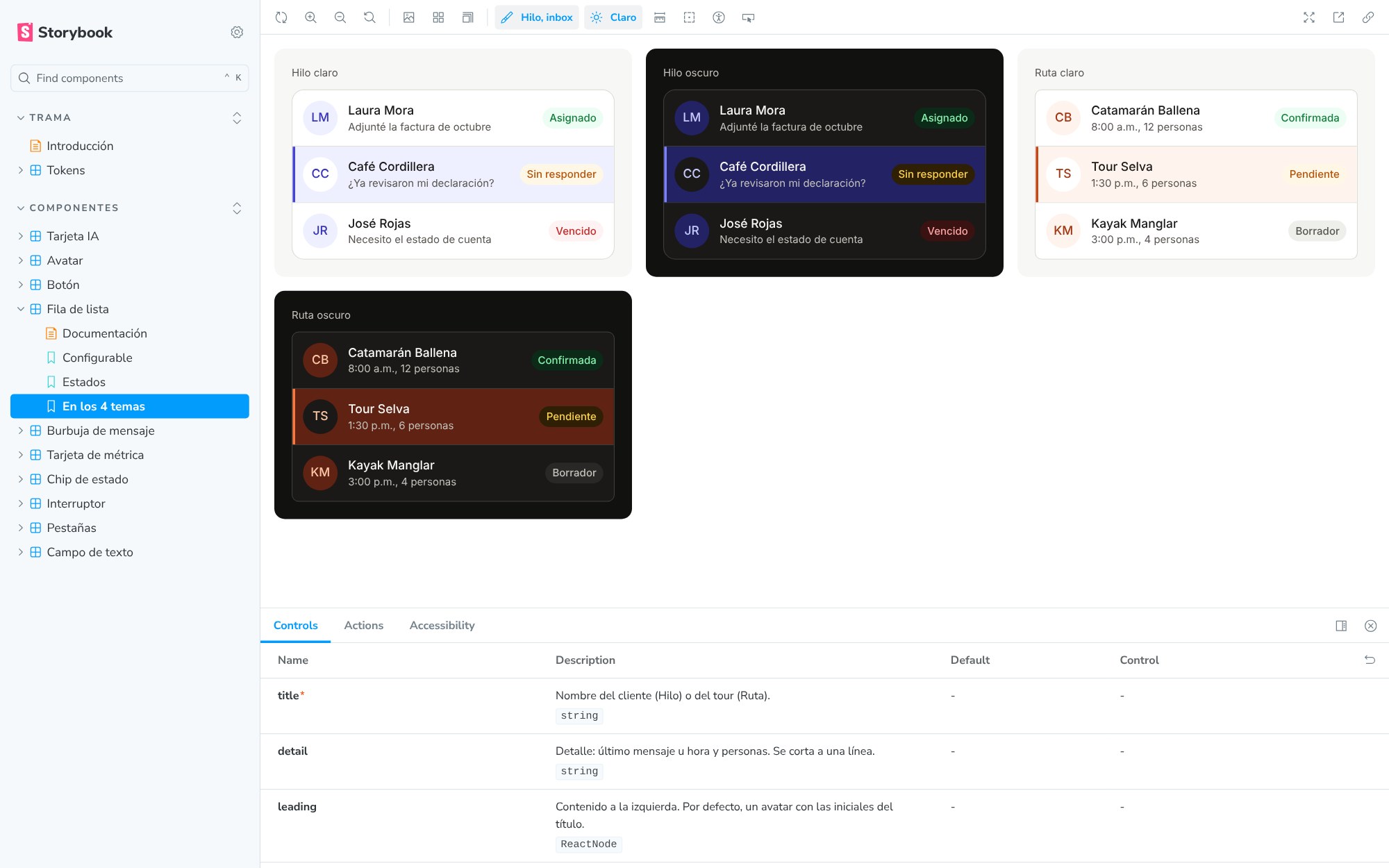 Trama's Storybook, with brand and color scheme switchers in the toolbar and the list row shown in four themes