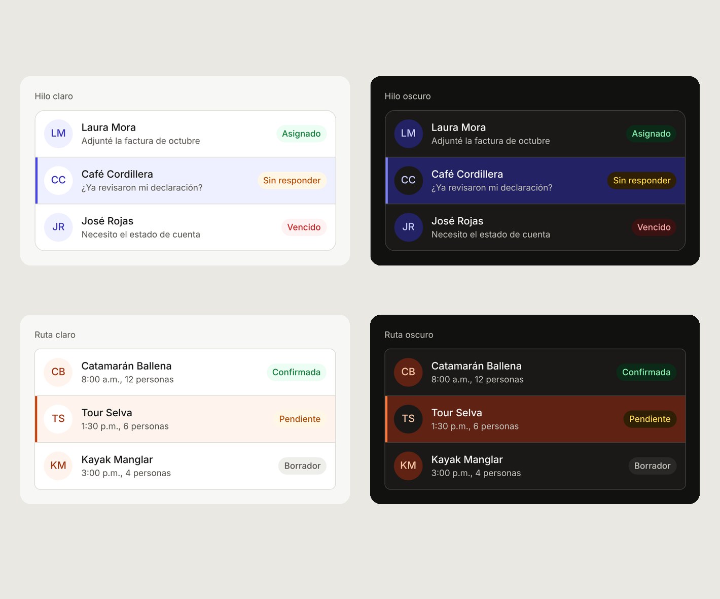 The same inbox and booking screens rendered in four themes: Hilo light, Hilo dark, Ruta light and Ruta dark