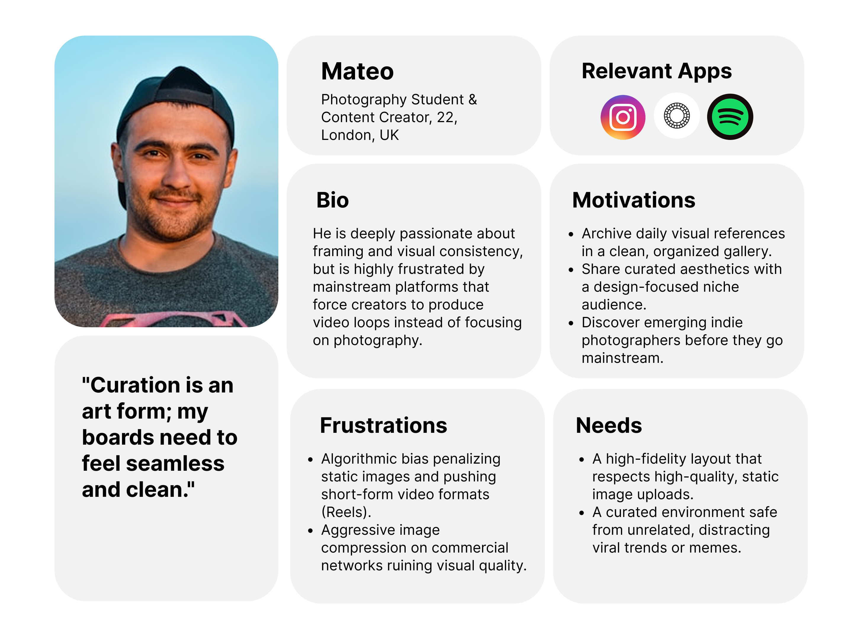 Mateo — Photography Student & Content Creator persona card